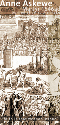Illustration of the Martyrdom of Anne Askewe, John Lacels, John Adams, and Nicholas Belenian (English Protestant Martyrs) - burned alive at the stake in 1546ad