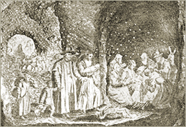Illustration of Vaudois taking refuge in a cave (after Jean Leger)