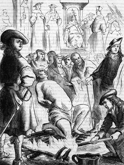 Pope Pius IV and his Cardinals witness the death of John Louis Paschal, a young pastor from Geneva traveling to minister to a congregation of Vaudois in Calabria. (From an ancient engraving.)