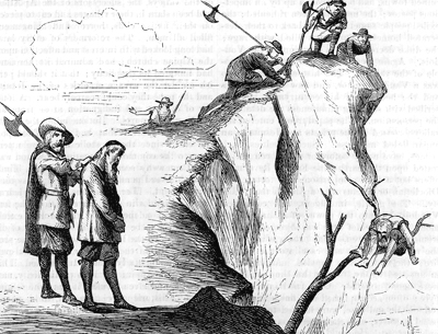 Vaudois thrown from precipices. (Image from time of the events, 1655 - 1665.)