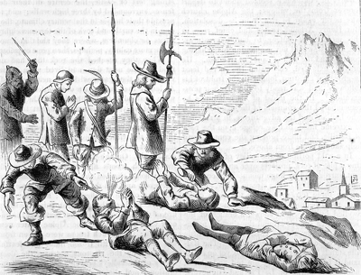 Vaudois with mouths filled with gun powder. (Image from time of the events, 1655.)