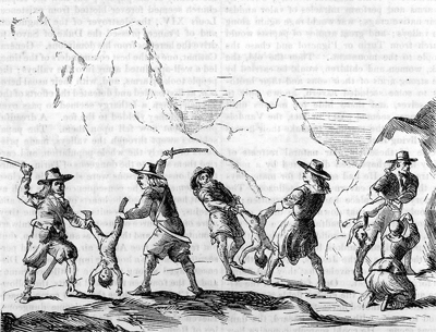 Vaudois children torn to pieces by papists. (Image from time of the events, 1655.)